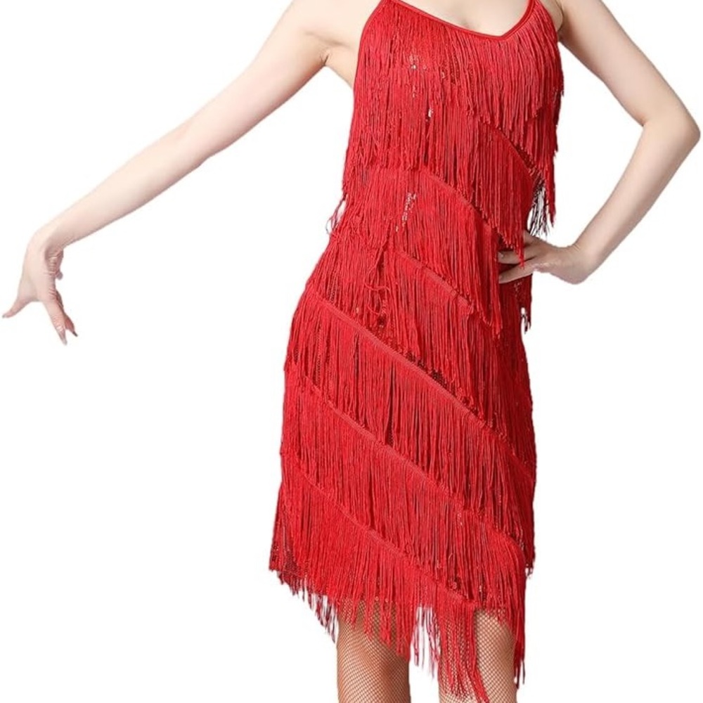 Anna-Kaci Asymmetrical Red Fringe Dress - Picture 2 of 5